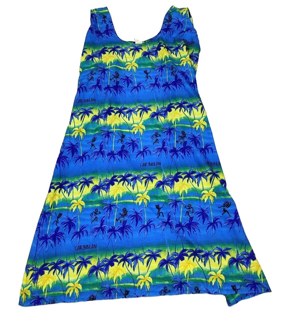 Rima Sundress Womens XL Blue Caribbean Palm Print Belted Sleeveless Beach Dress